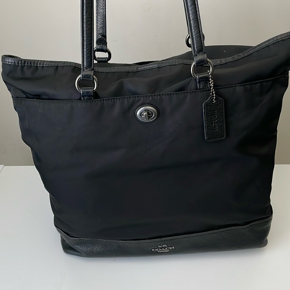 Coach Black Nylon Leather Large Tote Shoulder Bag Purse F57903 - Picture 1 of 11